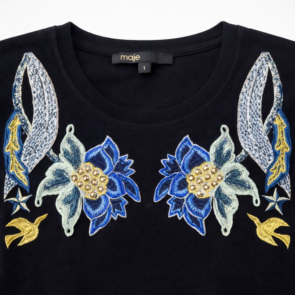 Maje Embroidered Floral Embellished Black Cotton T-Shirt Size 1 (XS/S) Designer - Picture 5 of 8